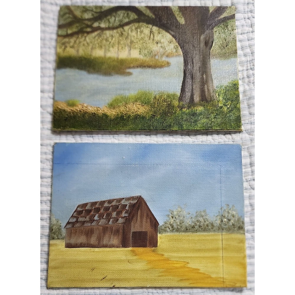 Vintage Landscape Paintings Set of 2 Barn River Scene Fredrix Canvas Board 6x8